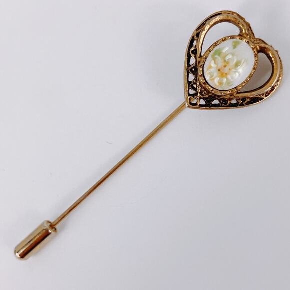 Vintage 1960s Stick Pin Porcelain Hand Painted Heart Floral Cabochon Gold Tone - Picture 2 of 10
